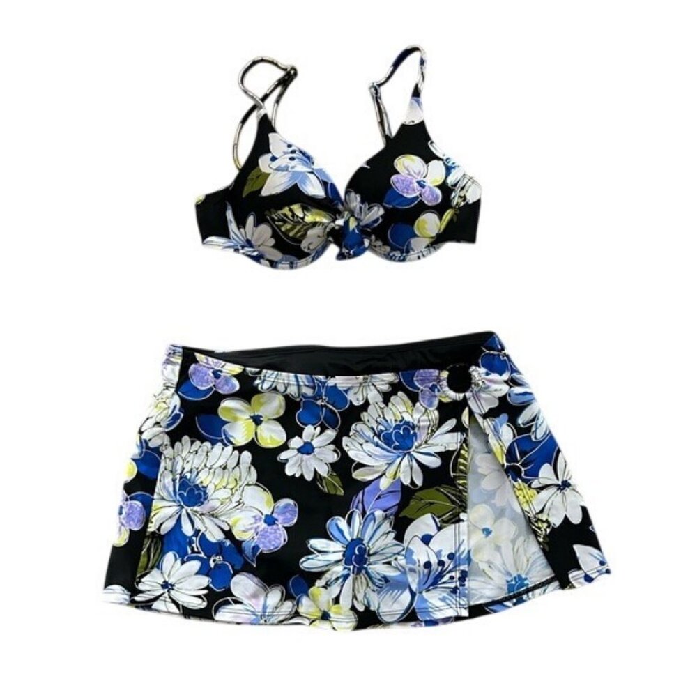 St. John’s Bay Bikini Swimsuit 2-Piece Faux Skirt Black Purple Blue Green Floral